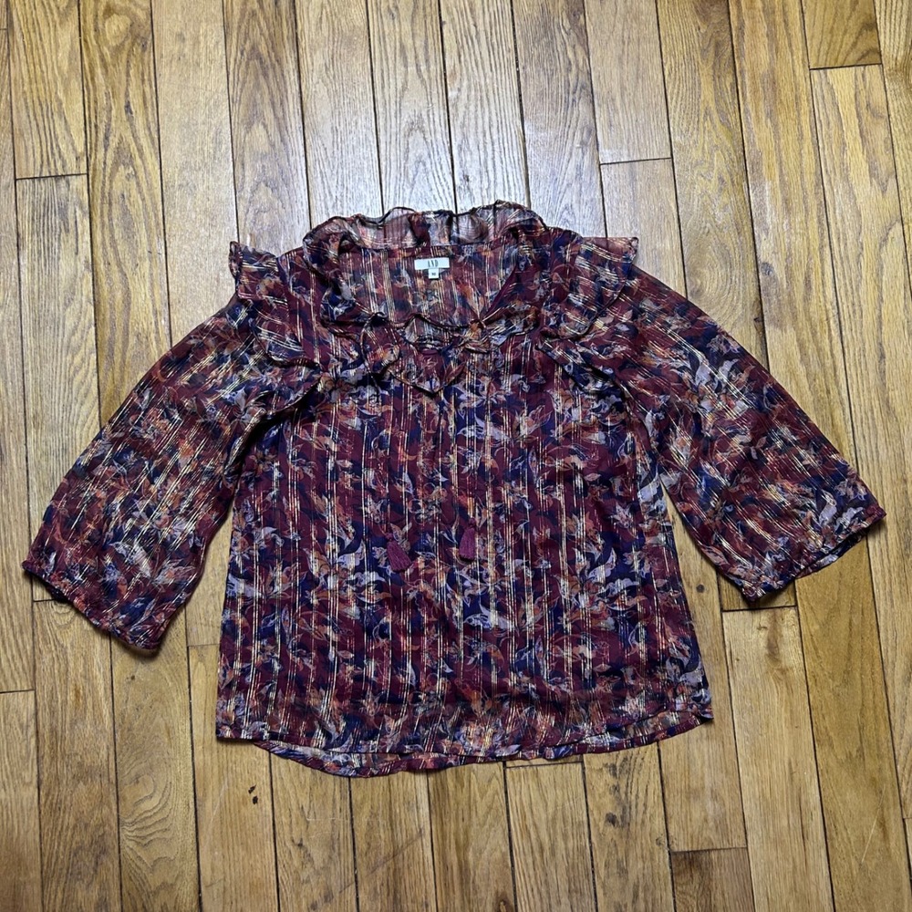 AND‎ Floral Gold Metallic Stripe Ruffle Lace Up Tassel Blouse Burgundy Womens 10